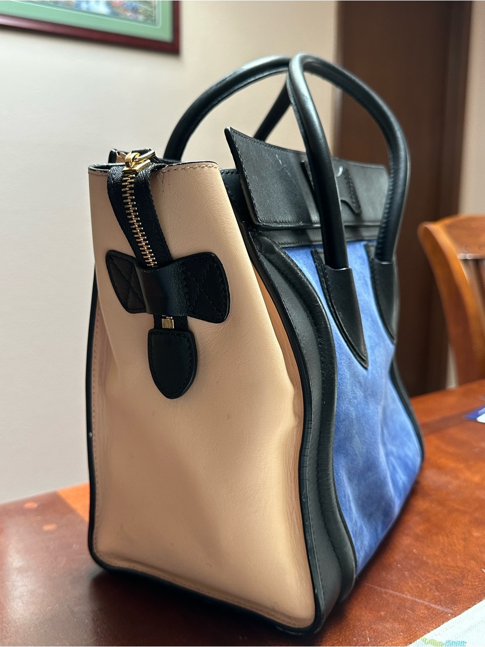 Celine Blue Suede Luggage Tote with Black Trim and Beige Sides - Picture 5 of 8